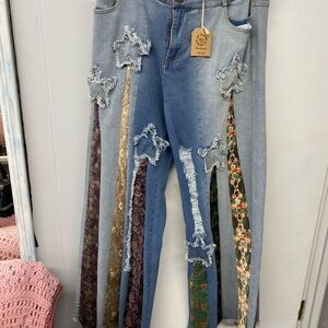 Floral Embroidered Wide Leg Jeans